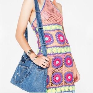 Current Mood Dolls Kill Crochet Halter Mini Dress Multi Color Granny Square S